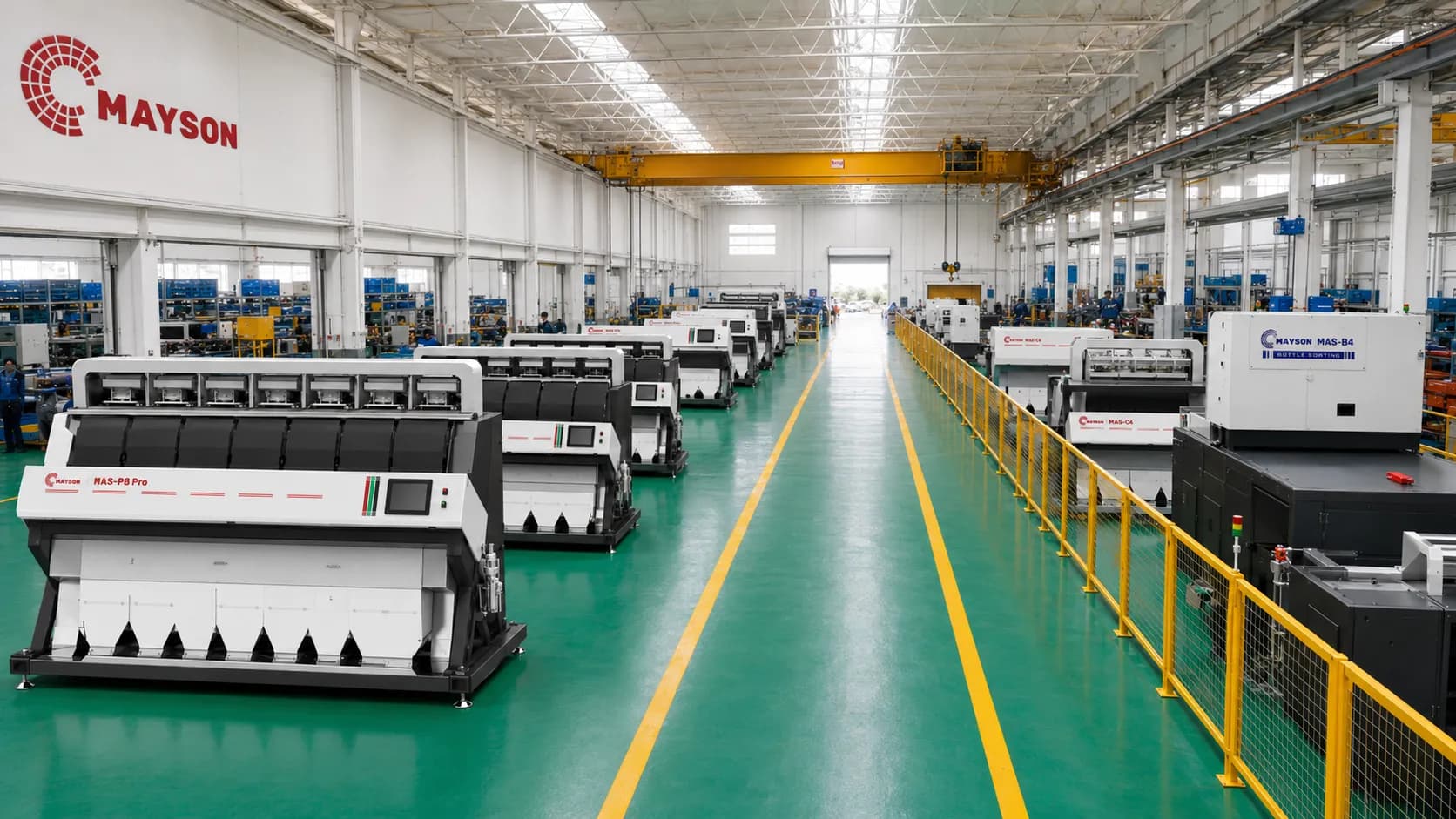 Mayson production hall with rows of MAS-P8 PRO flake sorters and a wall-mounted Mayson logo