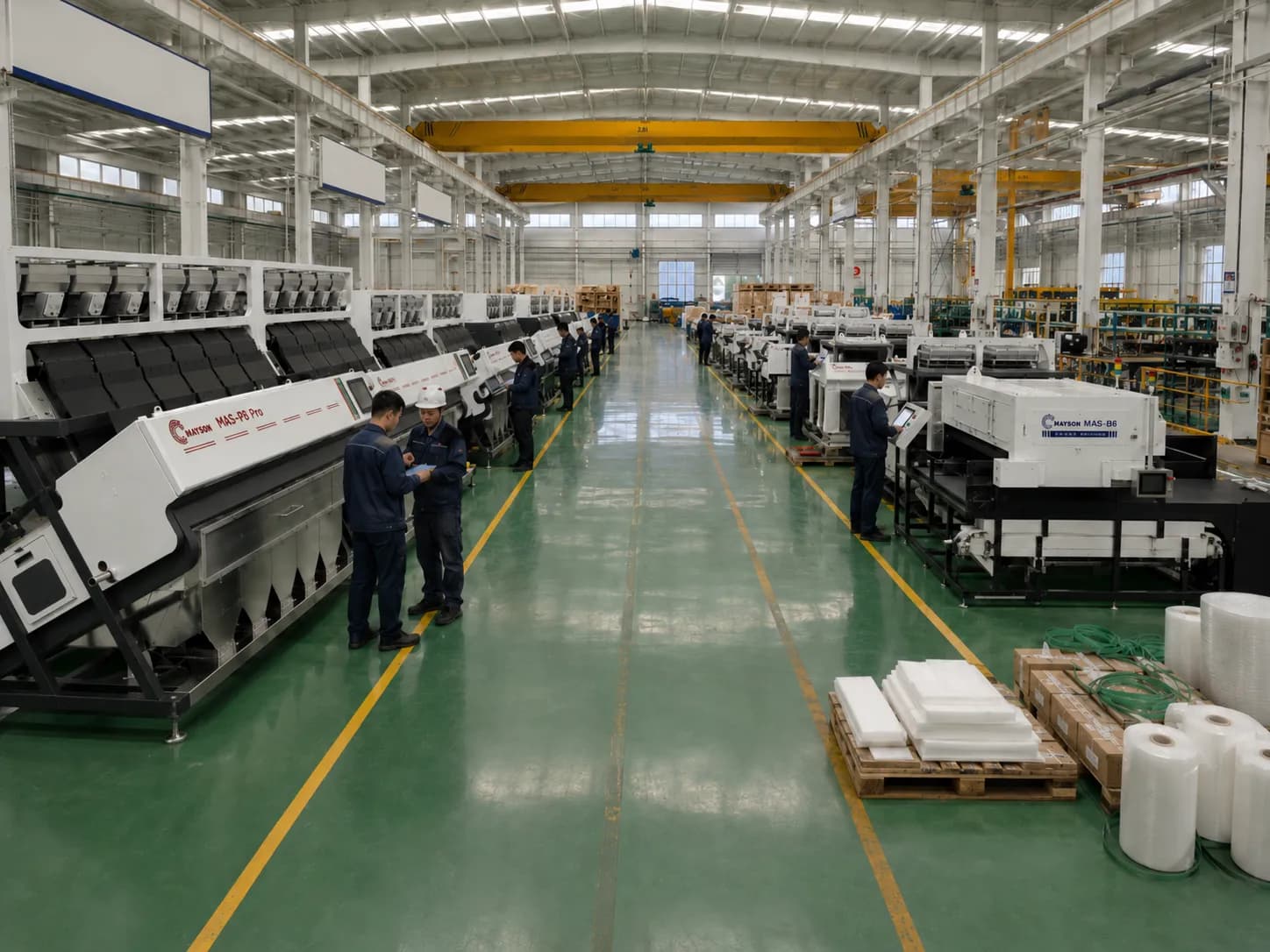 Mayson production hall with technicians inspecting rows of color sorters and a bottle sorter