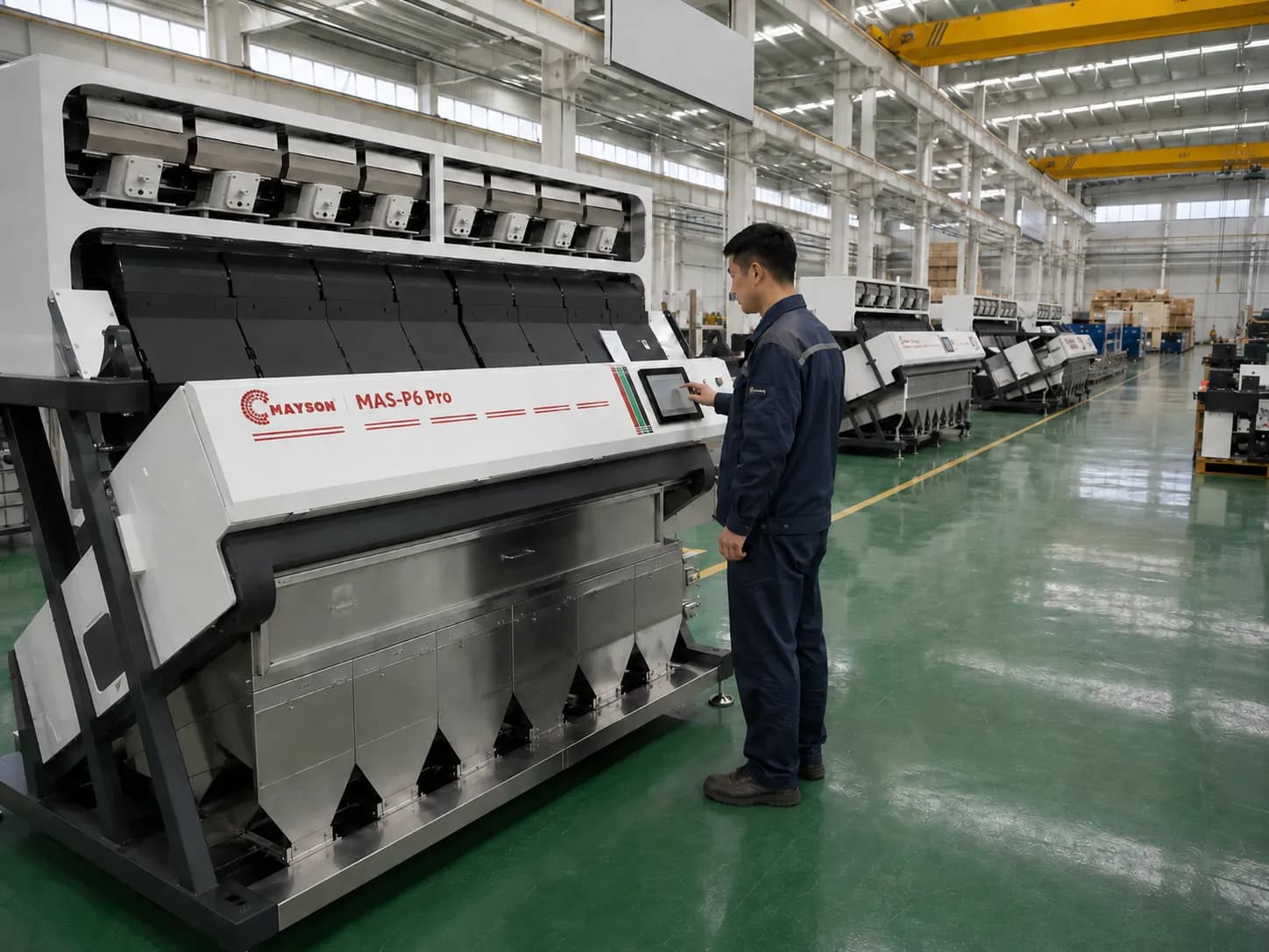 Technician operating a flake sorter HMI during build on the production floor