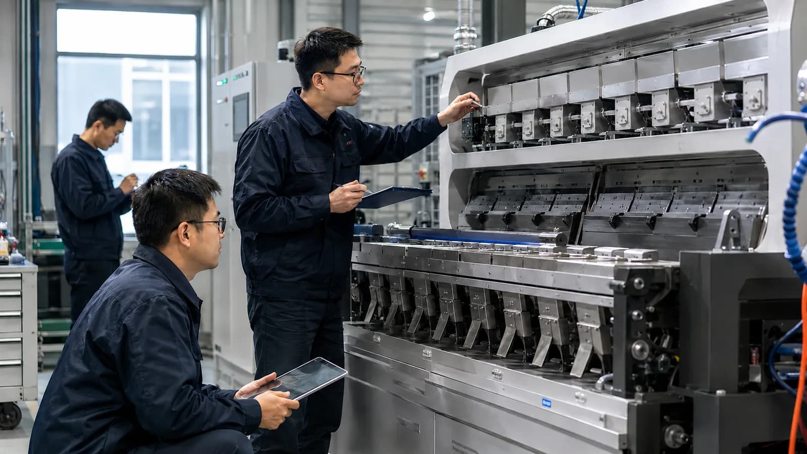 Engineers calibrating the ejector bank of a sorting machine in the test area