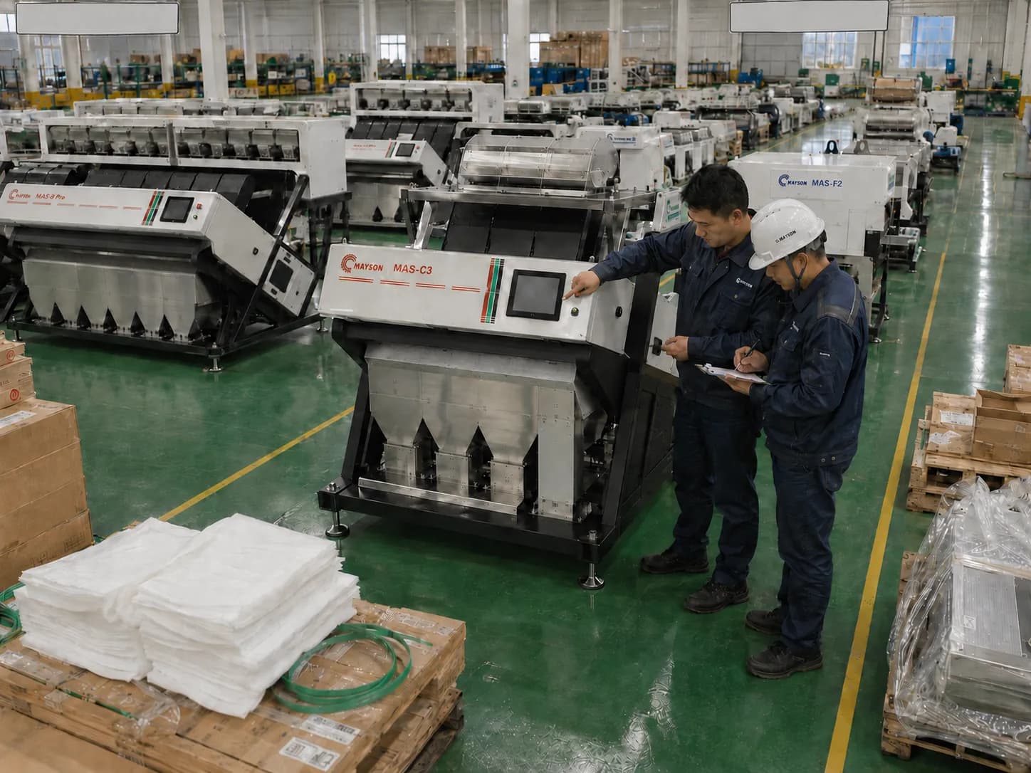 Technicians carrying out final inspection on a row of finished color sorters