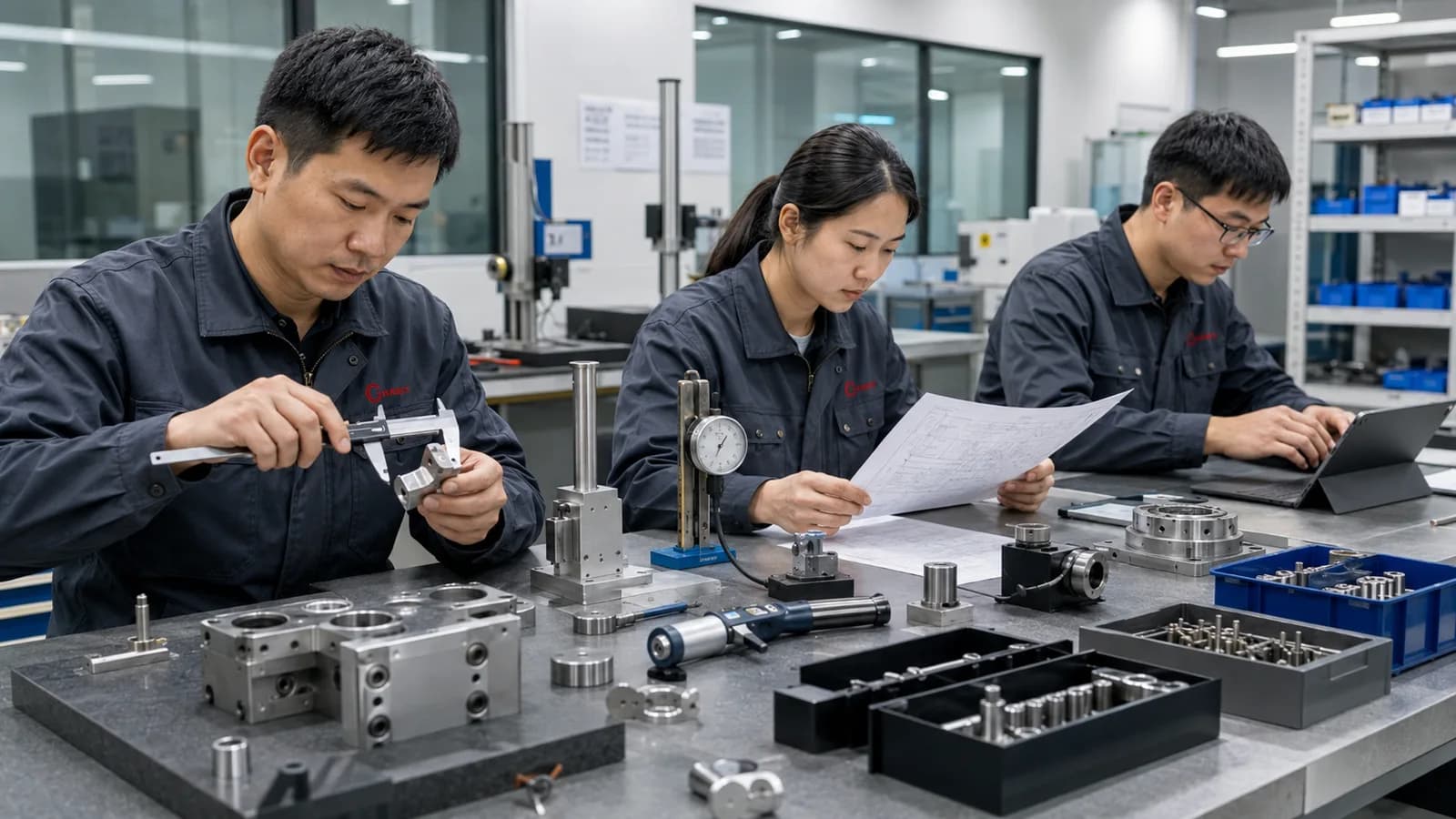 Mayson quality engineers measuring machined parts with calipers and a dial gauge in the metrology lab