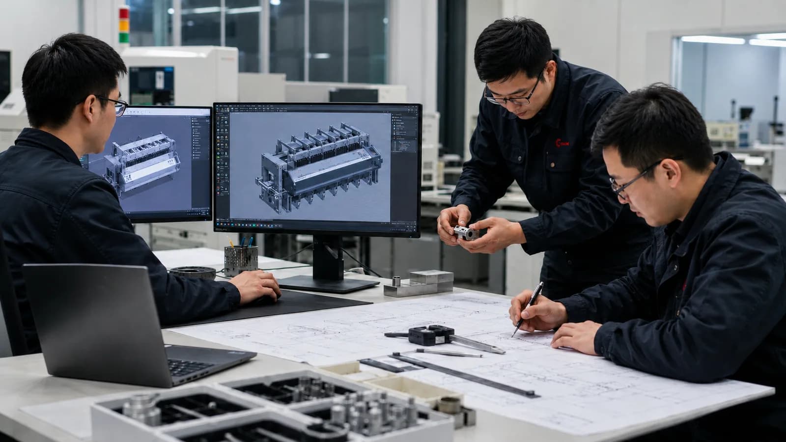 Engineers working on a 3D CAD design of a sorter chassis on dual monitors