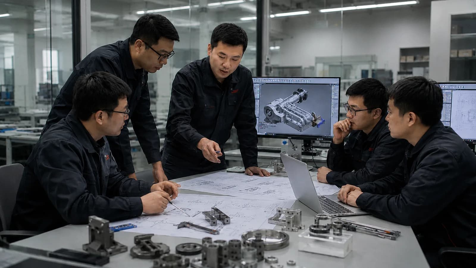 Mayson engineers reviewing a 3D CAD model of a sorting module around a workbench