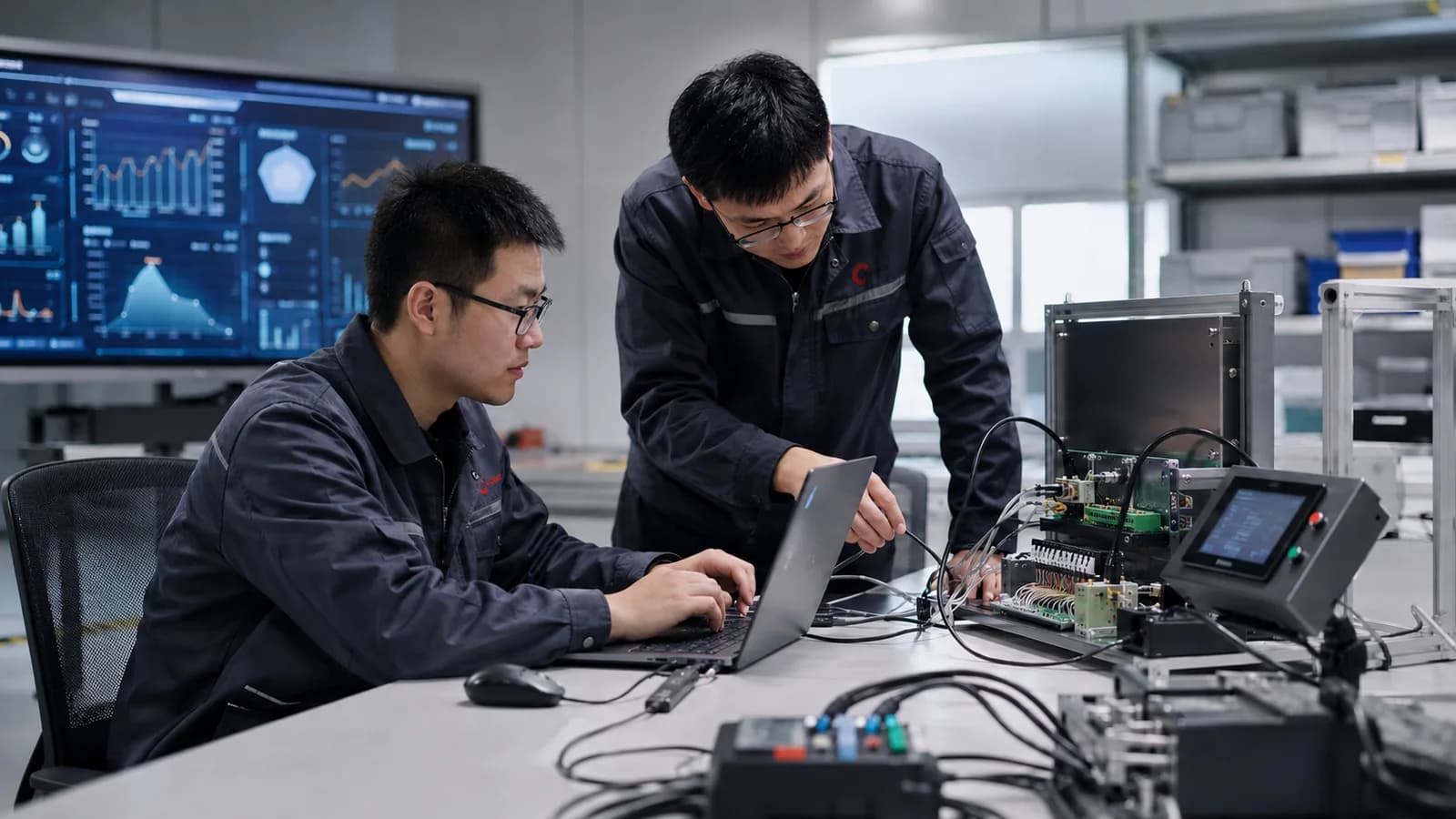 Engineers testing a control board and HMI at an electronics bench with a data dashboard