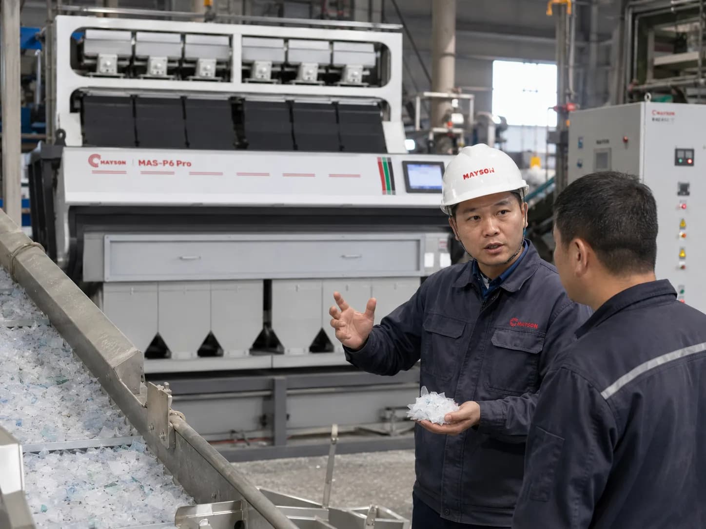 Mayson engineer holding plastic flakes and explaining a sorter to a customer on a recycling line