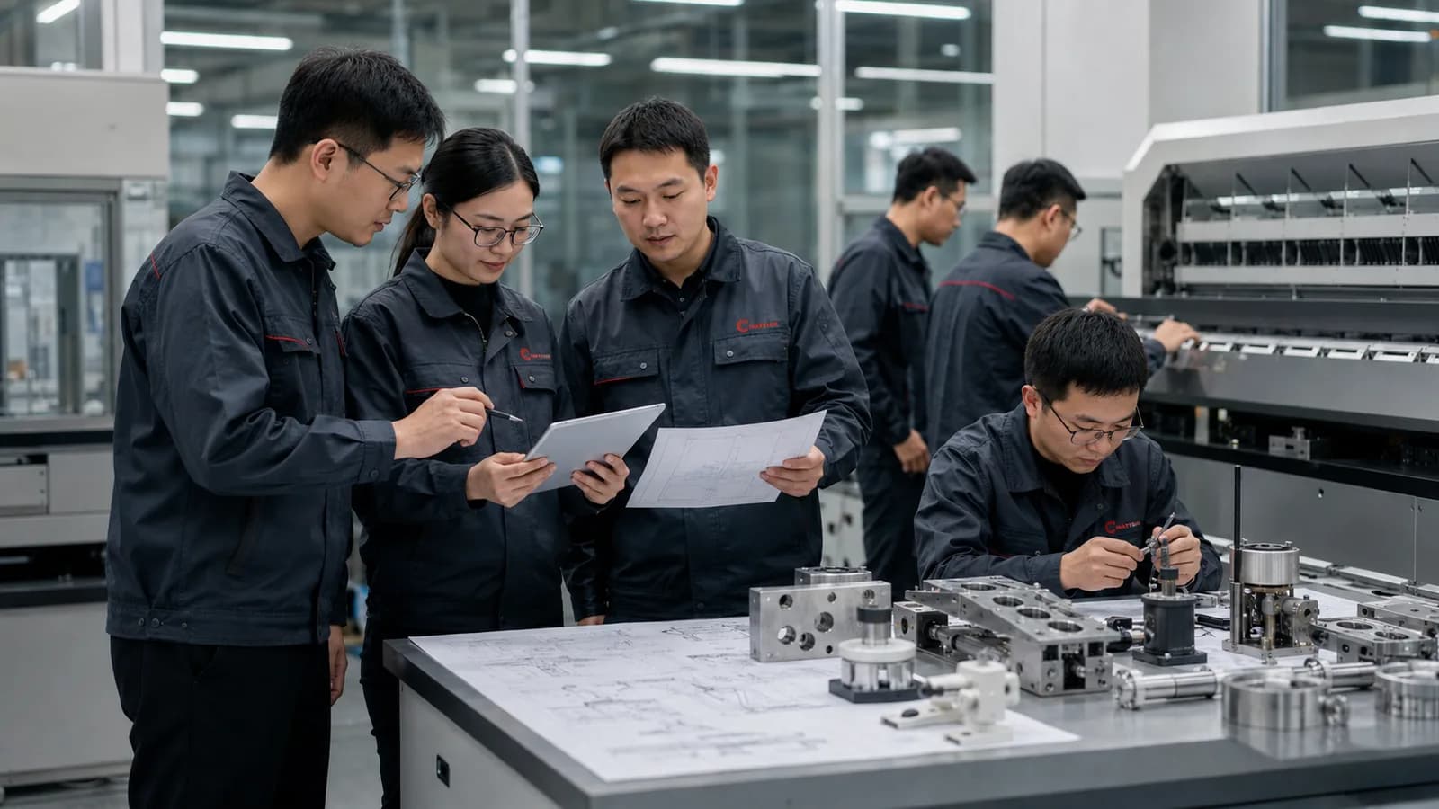 Mayson engineers reviewing a customer's application drawings on a tablet beside machined sample parts and an installed sorting line before recommending a sorter platform