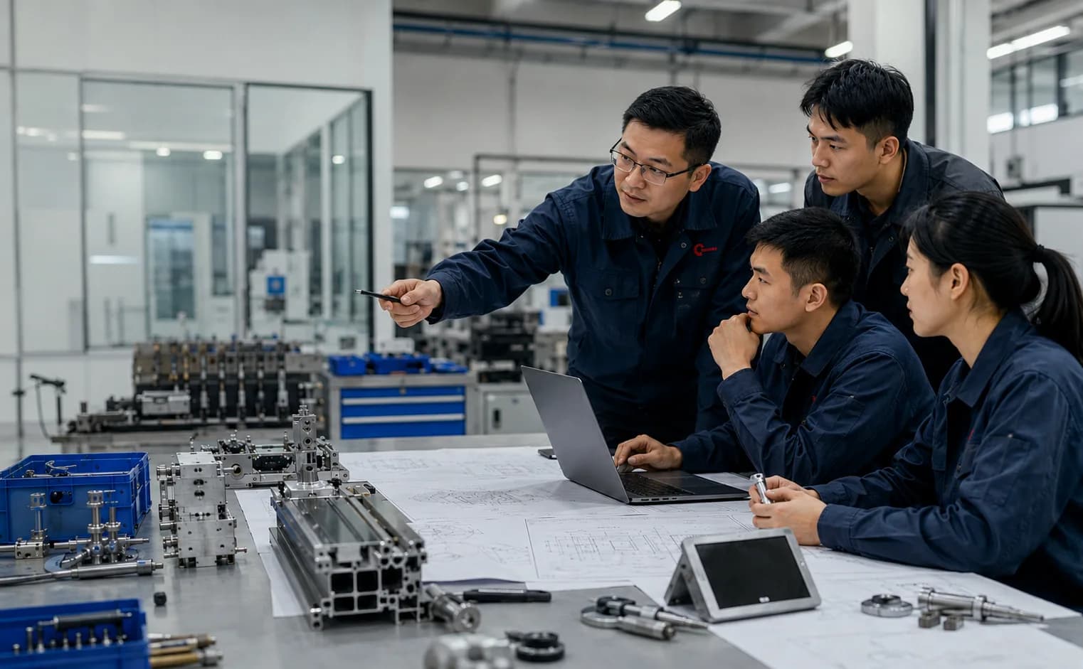 Mayson engineers reviewing live machine data on a laptop at a workstation while remotely supporting a customer's installed sorting line