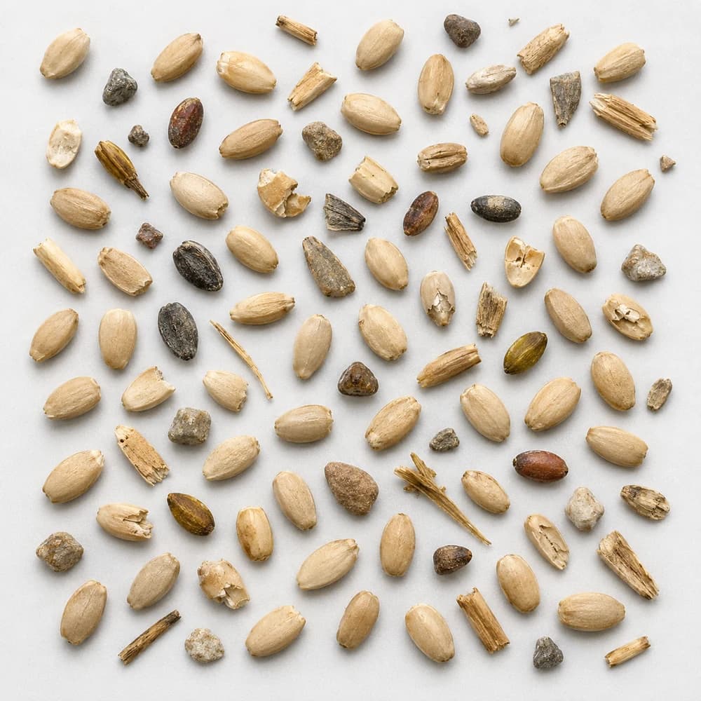 Mixed beans and seeds feed prepared for optical sorting.
