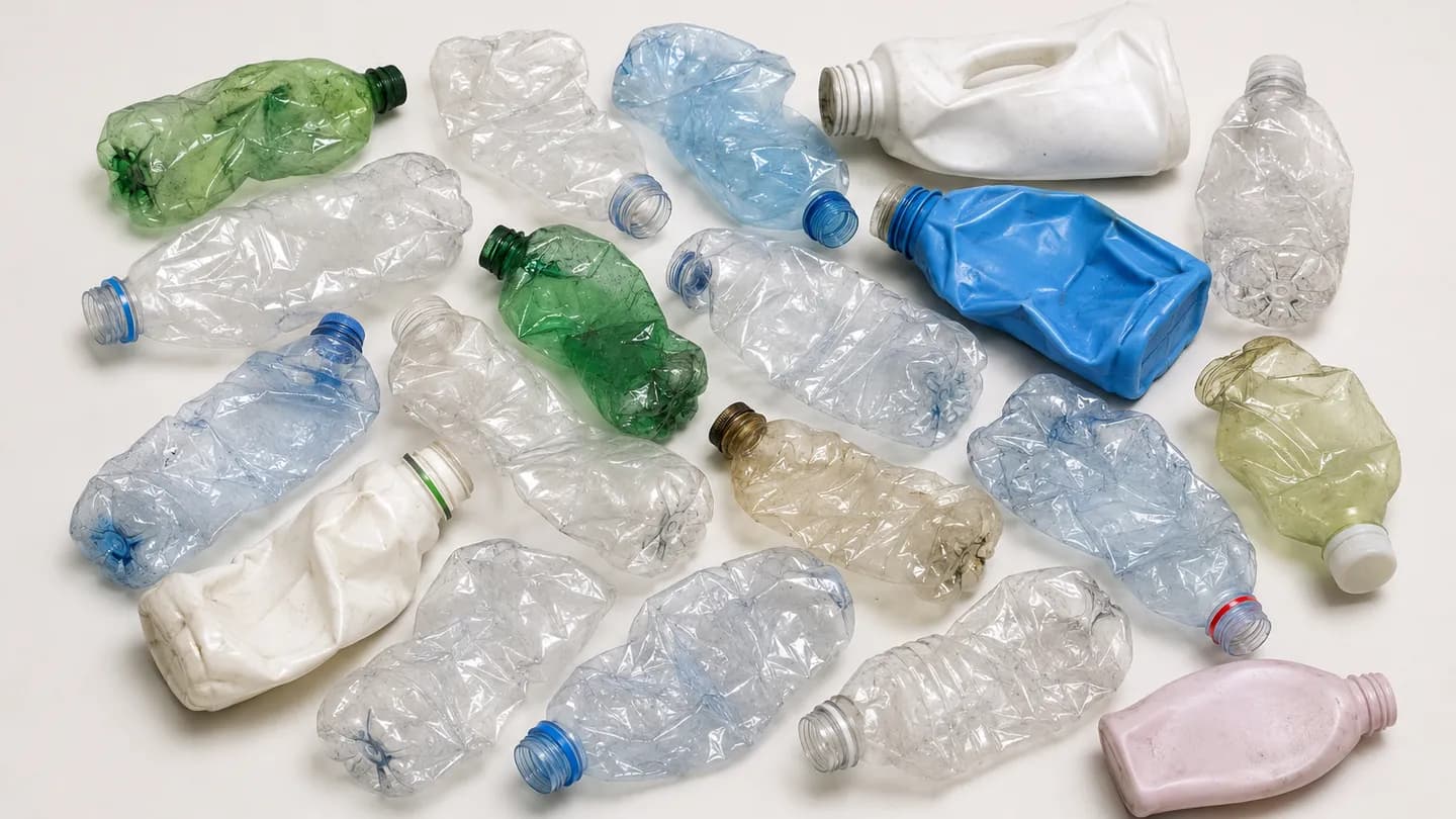 Mixed whole PET and non-PET plastic bottles entering MAS-B optical bottle sorting.