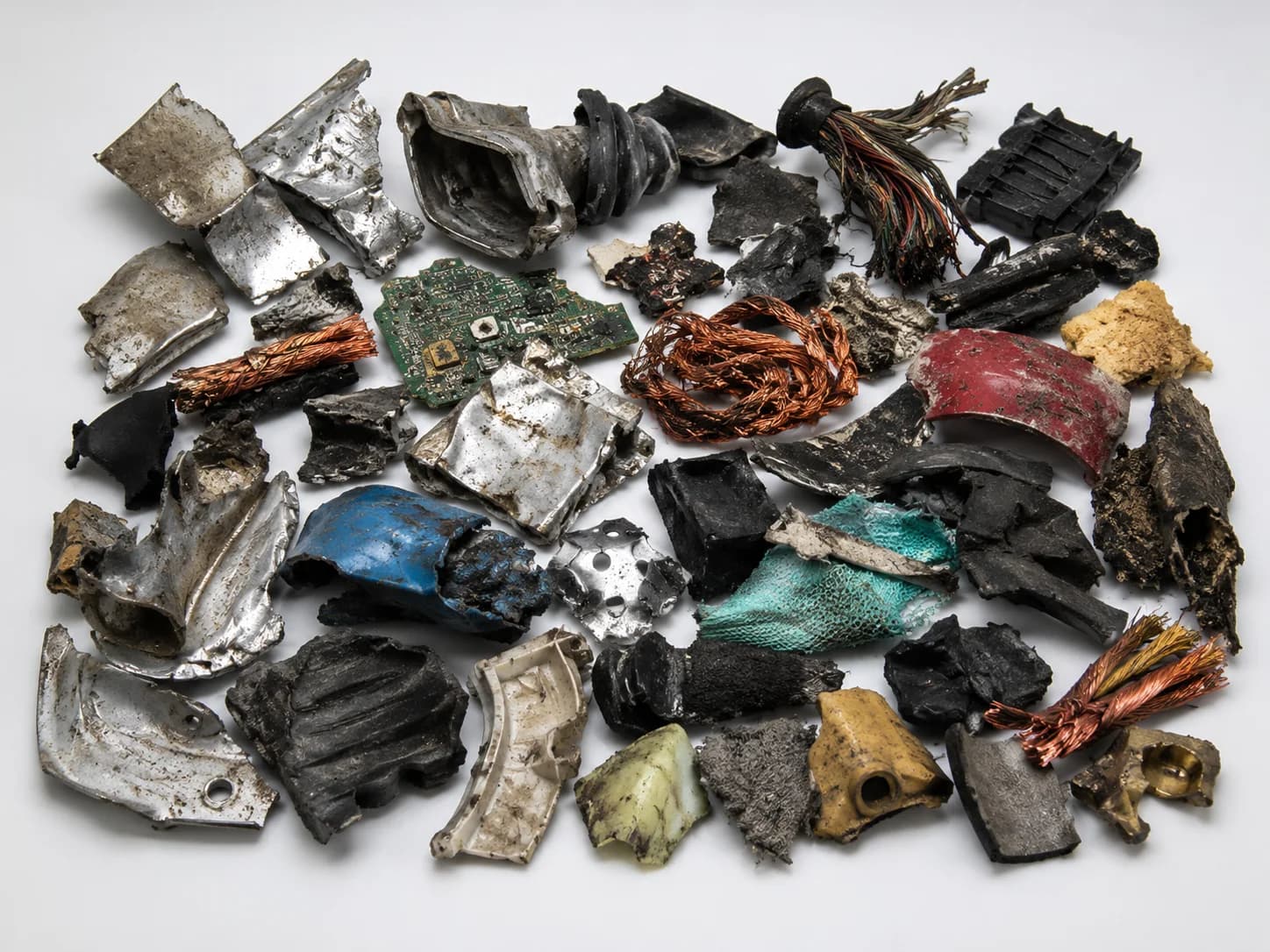Coarse automotive shredder residue with mixed metals, rubber, plastics and PCB fragments.