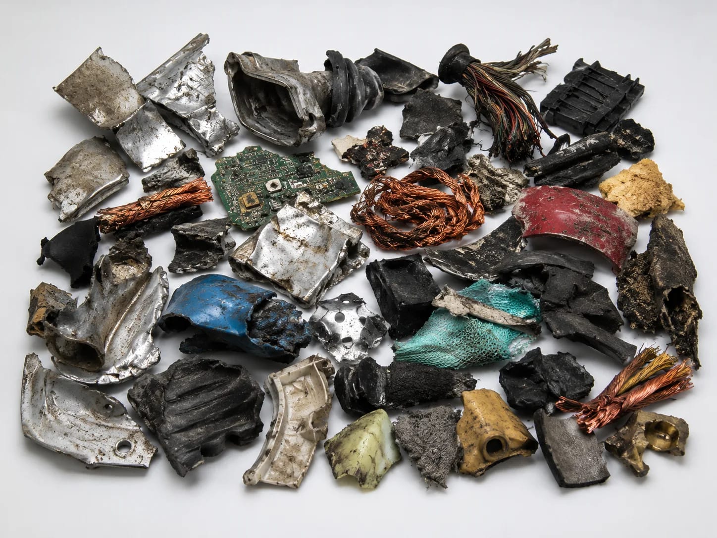 Coarse automotive shredder residue with mixed metals, rubber, plastics and PCB fragments.