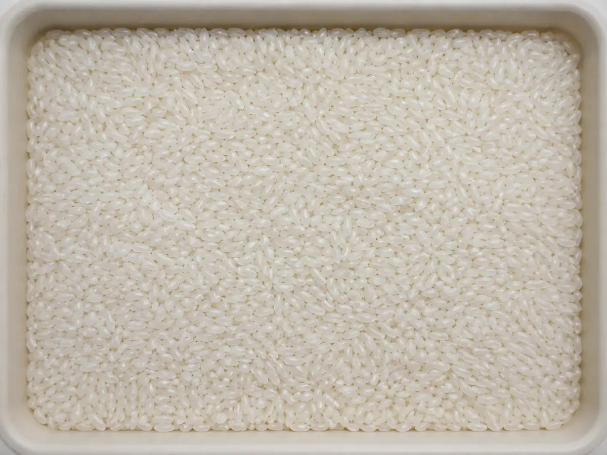 Short opaque glutinous rice grains presented in a tray.